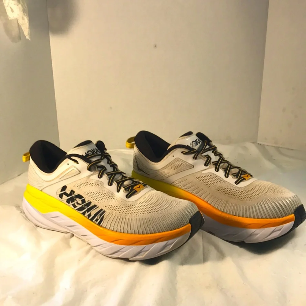 Hoka One One Bondi 7 Mens White Mesh with  Orange & Yellow Lace Up Running Shoes